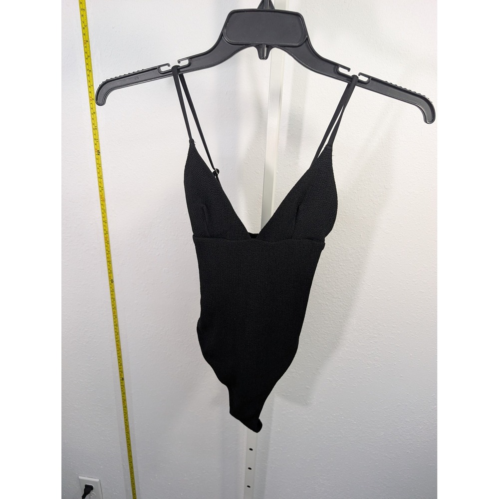 Black Textured Crinkle One Piece Swimsuit V-Neck High Cut Leg Adjustable Straps